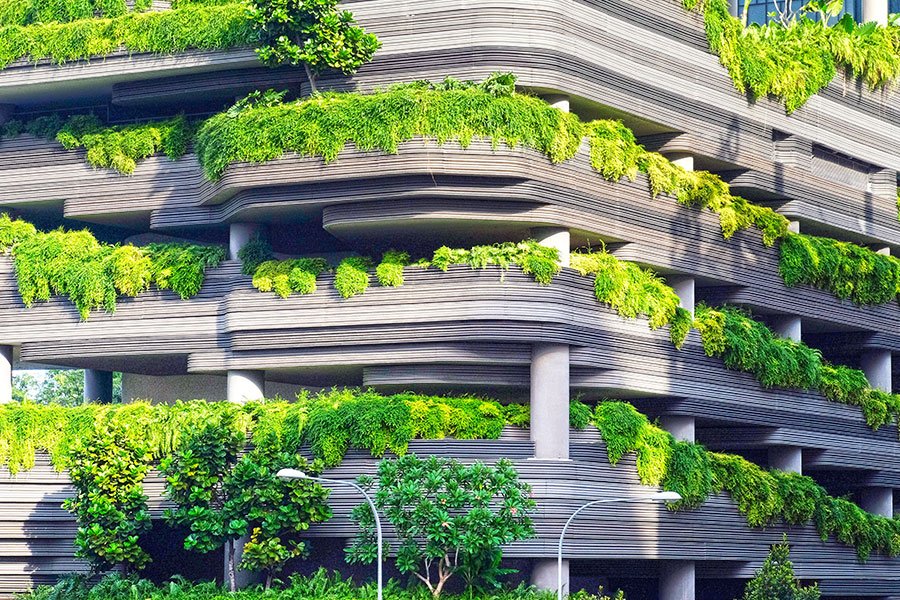 Modern building with layered balconies covered in lush greenery. Modern building with layered balconies covered in lush greenery.